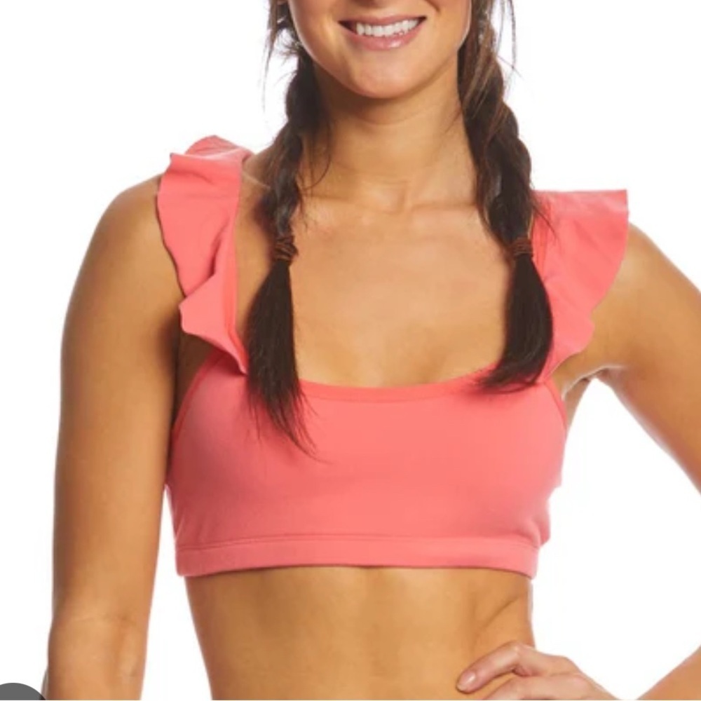 Beyond Yoga Ruffle Frill Seeker Sports Bra Pink Coral Women’s Small